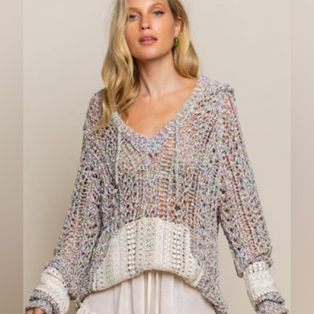 POL Women's Rainbow Wheat Light Hooded Sweater with lace accents - Medium